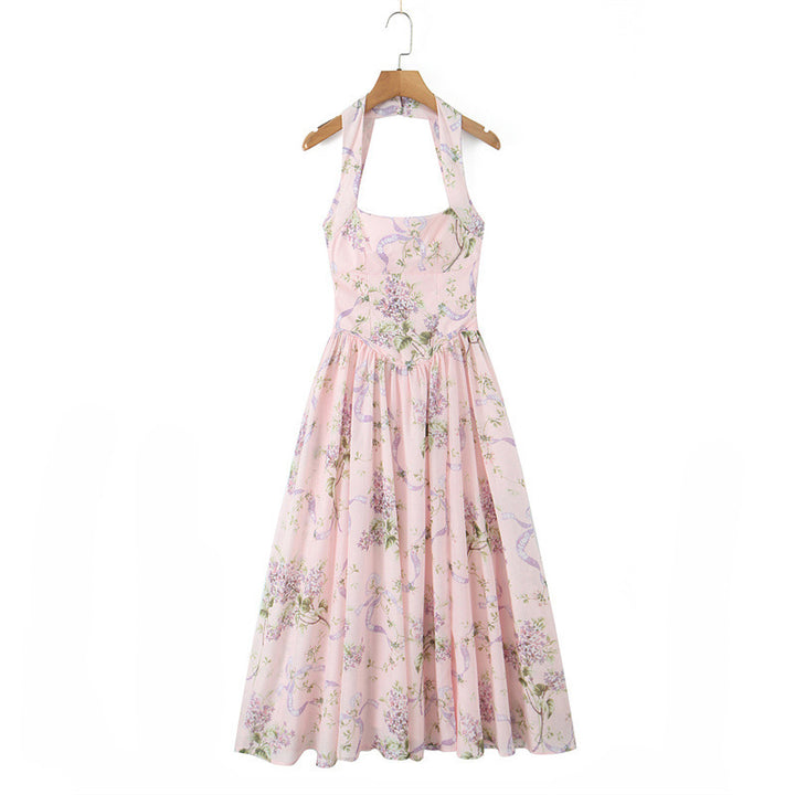 French Halter Square Neck Sexy Fitted Midi Sweet Printed Sleeveless Dress