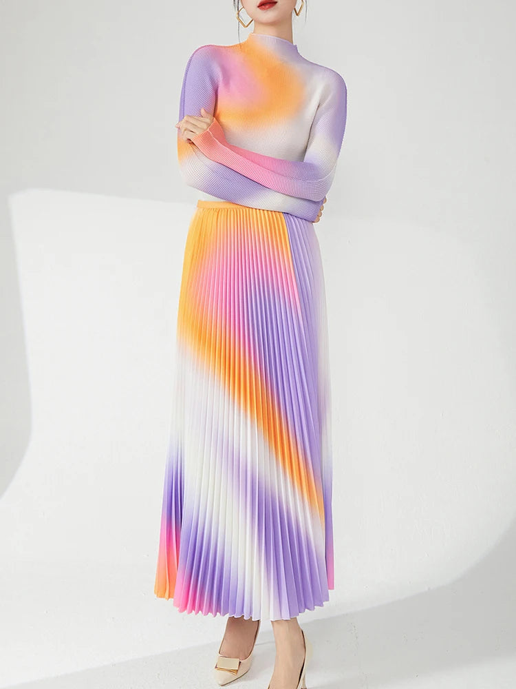Pleated 2 Pieces Set For Women Half High Collar Full Sleeve Top + A Line Skirt Elegant New Spring