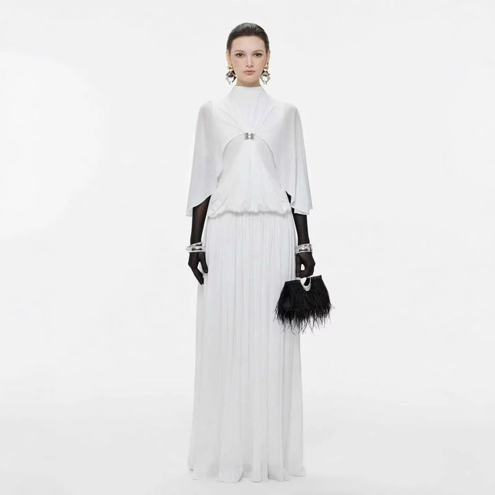Silver button pleated cloak long skirt formal dress