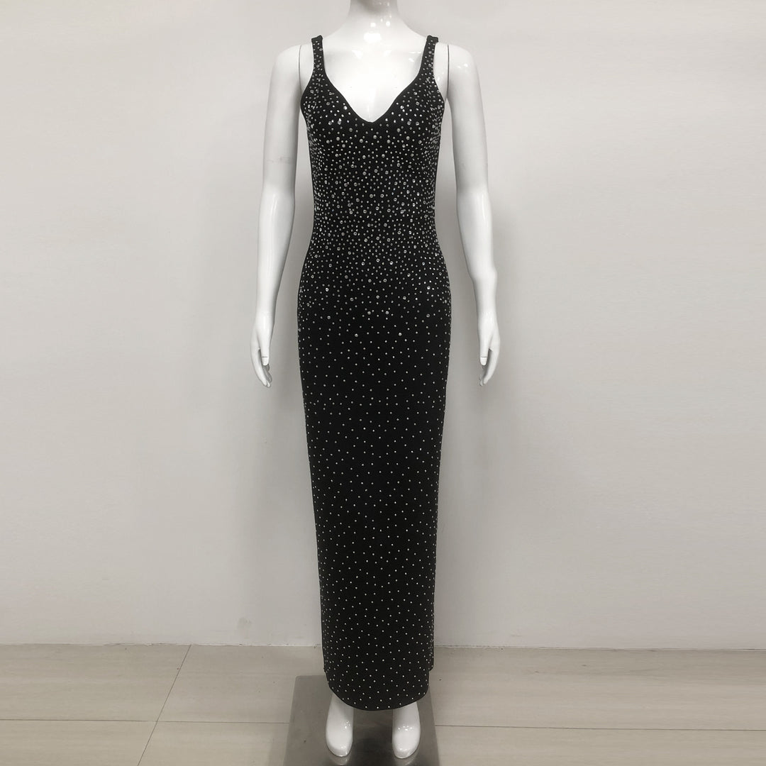 European and American sexy fashion socialite temperament hot diamond suspender backless long dress women&