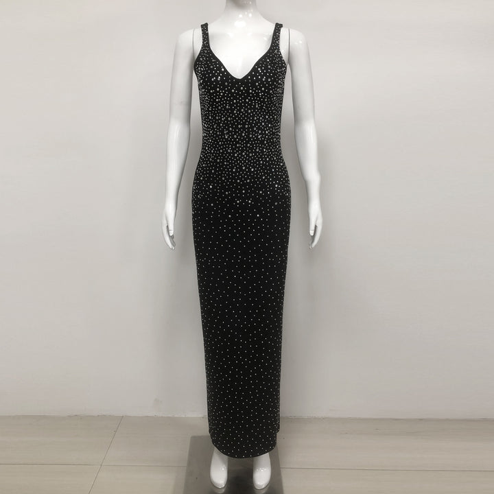 European and American sexy fashion socialite temperament hot diamond suspender backless long dress women&