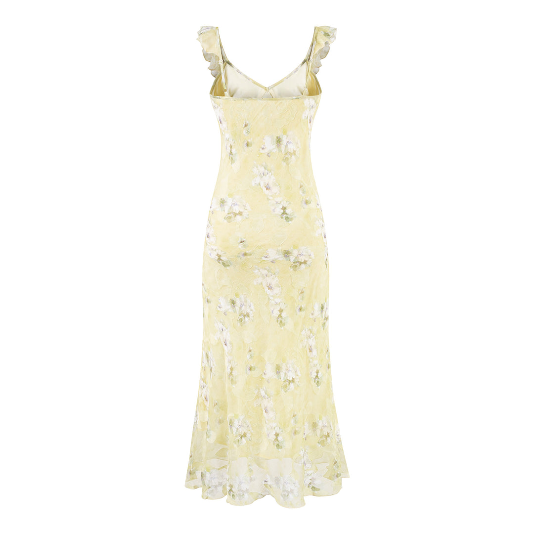 V-neck ruffled chest strap small fresh floral dress