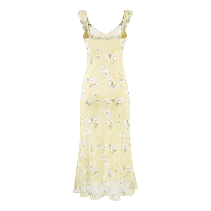 V-neck ruffled chest strap small fresh floral dress