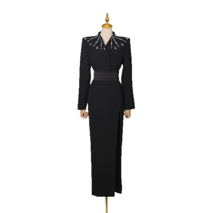 Elegant Lady-Style Long Dress with Rhinestone Detailing, Sexy Fitted Waist-Accenting Maxi Dress