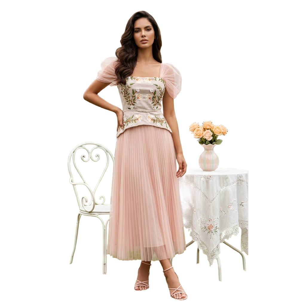 Embroidered Tulle Pleated Midi Dress