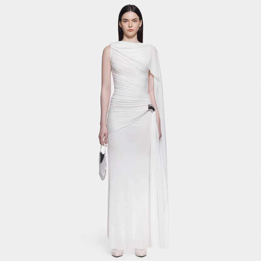 Knitted Sleeveless Pink Ribbon Pleated Floor-Length Dress with Scarf Detail