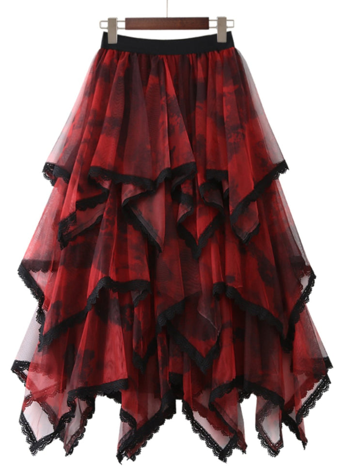 Lace cake-style tulle skirt with tie-dye print, super fairy-like skirt, irregular mesh midi skirt