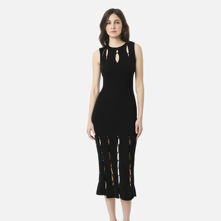Sleeveless round-neck hollowed-out elegant slit knitted dress that is stylish and slimming