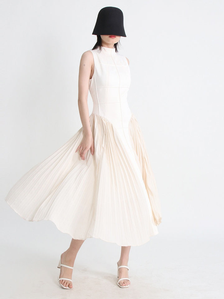 French light cooked retro style summer standing collar sleeveless open thread design pleated design long solid color dress