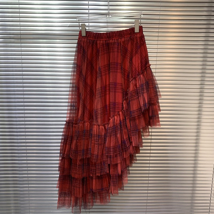 Solid Color Patchwork Gazue Dissymmetry High Waist A Line Skirt