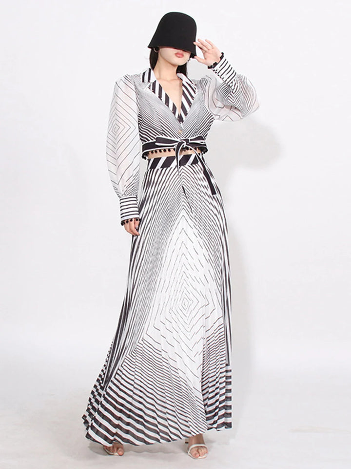 Striped lace up shirt+high waisted skirt set of two pieces