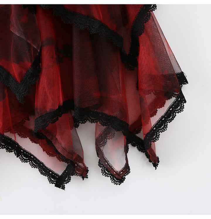 Lace cake-style tulle skirt with tie-dye print, super fairy-like skirt, irregular mesh midi skirt
