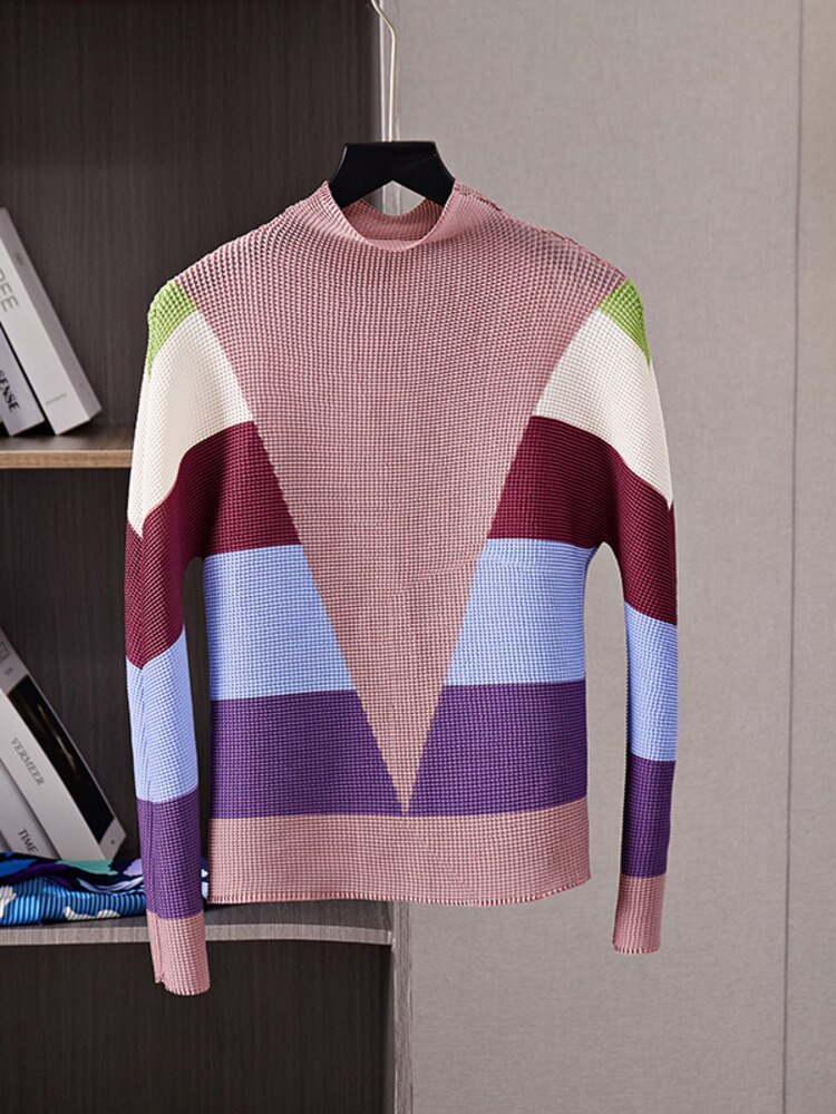 Pleated 2 Pieces Set For Women Spring New Color Block Half High Collar Tops And Elastic Waist Skirts Female