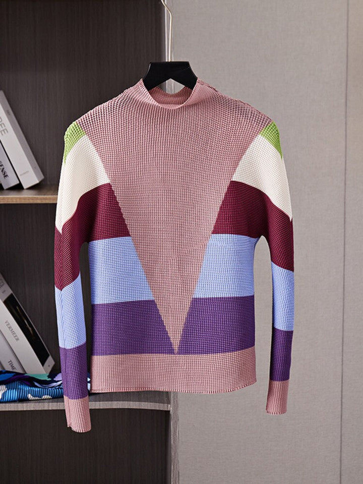 Pleated 2 Pieces Set For Women Spring New Color Block Half High Collar Tops And Elastic Waist Skirts Female