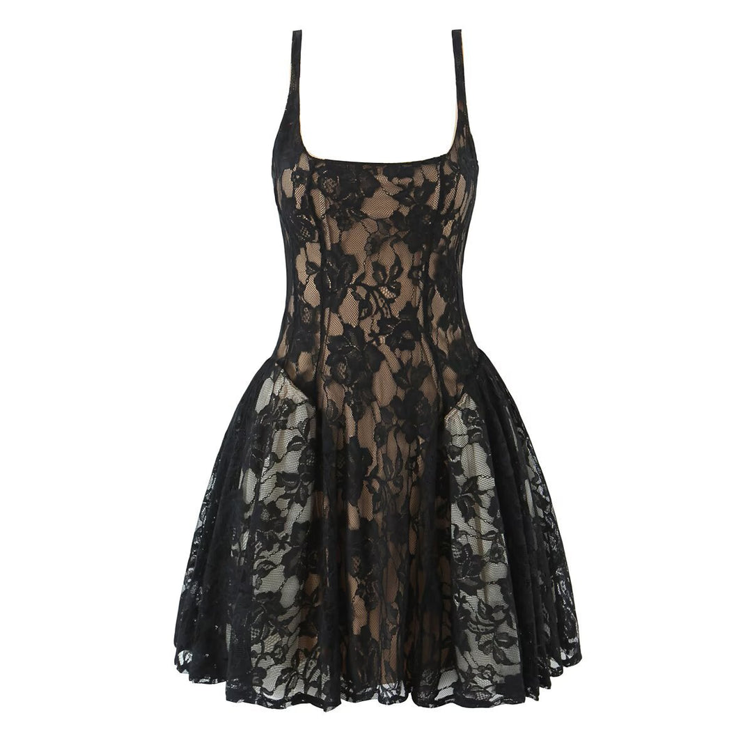 Splicing lace mesh slim fit suspender dress