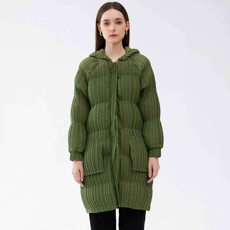 Long Plush Hooded Puffer Jacket for Women - Slimming Warm Cotton-Padded Parka with Pleated Design