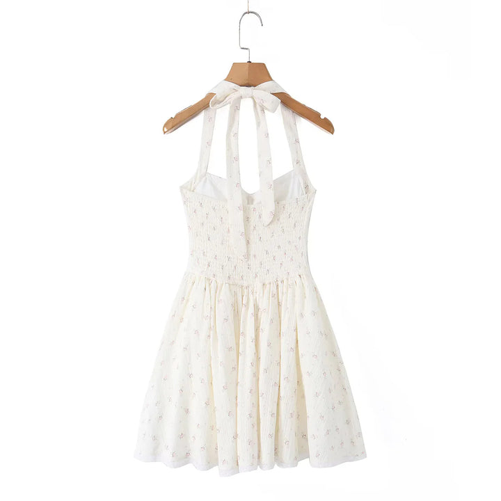 Charming Floral Print Dress for Women Cute Vacation Style Halter Neck Mini A-Line Pleated Skirt