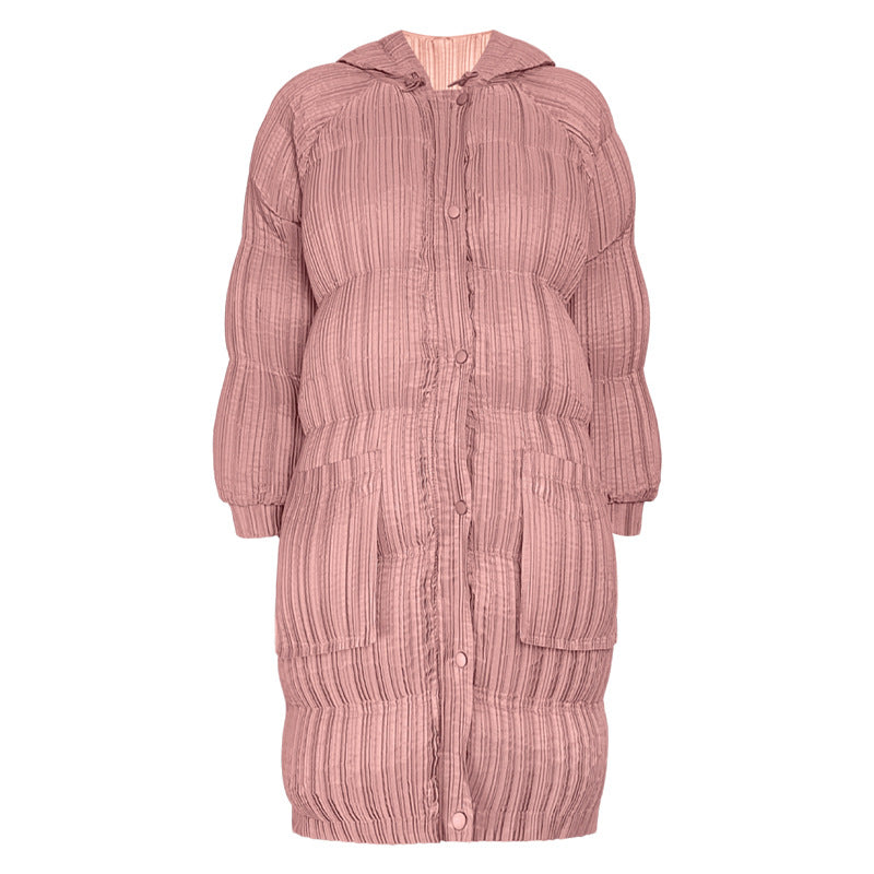 Long Plush Hooded Puffer Jacket for Women - Slimming Warm Cotton-Padded Parka with Pleated Design