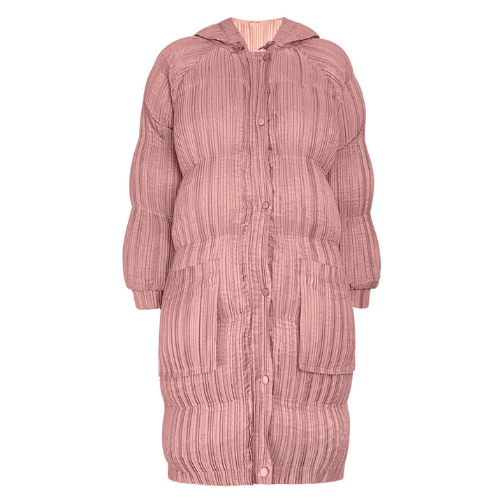 Long Plush Hooded Puffer Jacket for Women - Slimming Warm Cotton-Padded Parka with Pleated Design