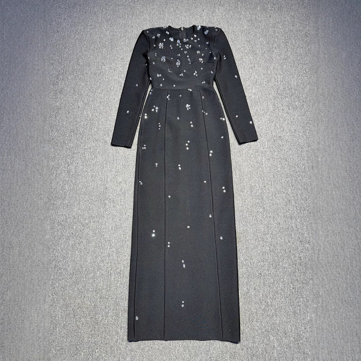 Elegant long evening dress with heavy-duty beading diamond inlay long-sleeved and bandage style
