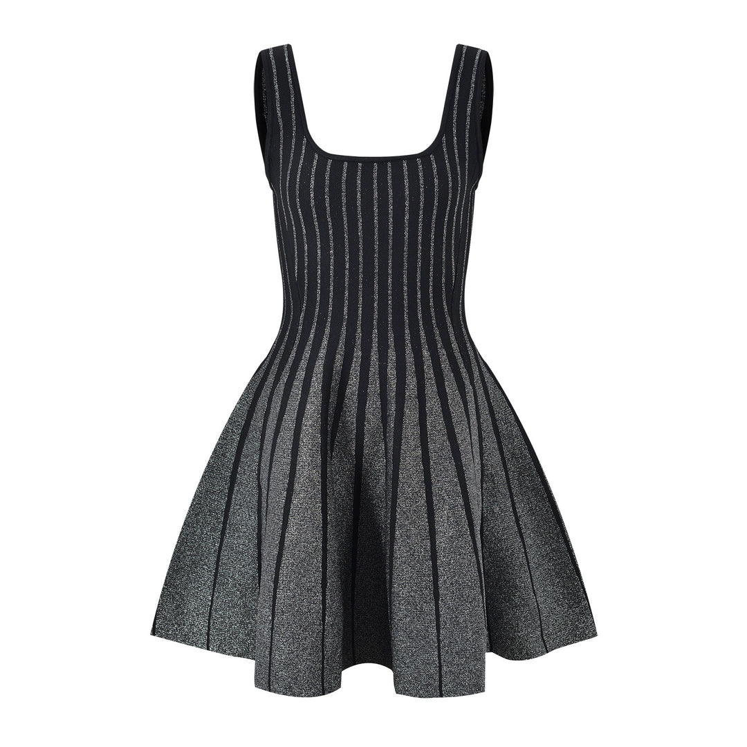 French style socialite contrasting vertical stripes silver sparkling knitted short skirt with suspender dress