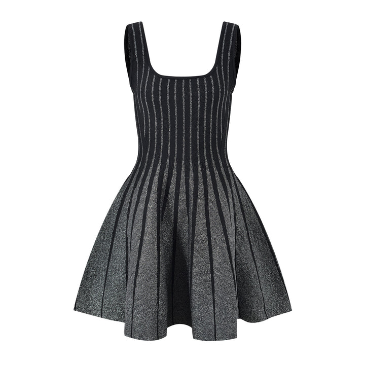 French style socialite contrasting vertical stripes silver sparkling knitted short skirt with suspender dress