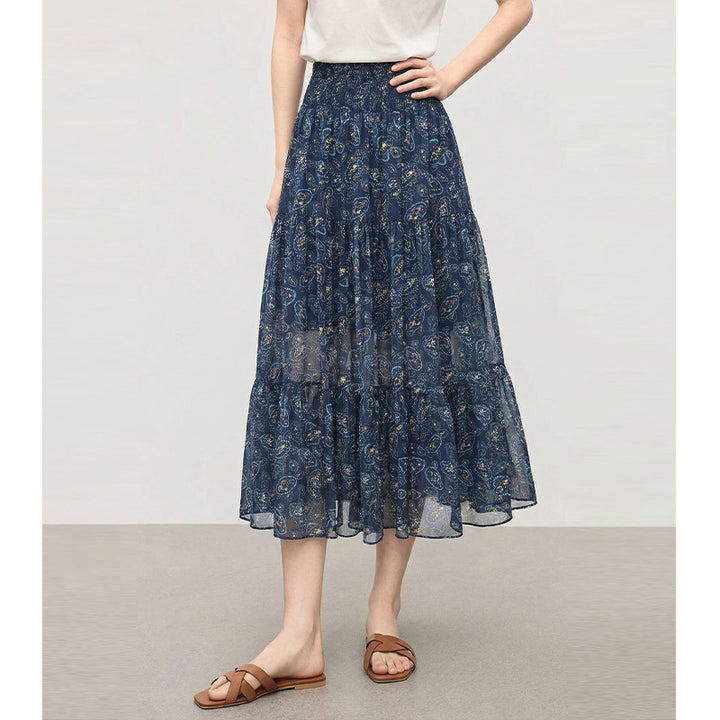 Ethnic Style Summer Outfit Floral Midi Skirt with Elastic Waist
