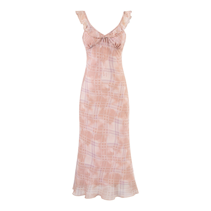 Red Plaid Dress with Flutter Sleeves and Strap Long Skirt for Women