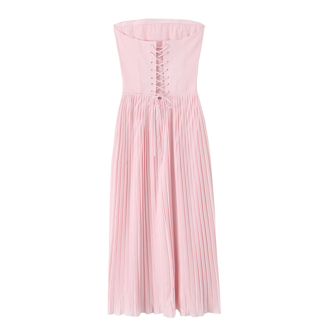 Pleated Waistband Midi Strapless Dress