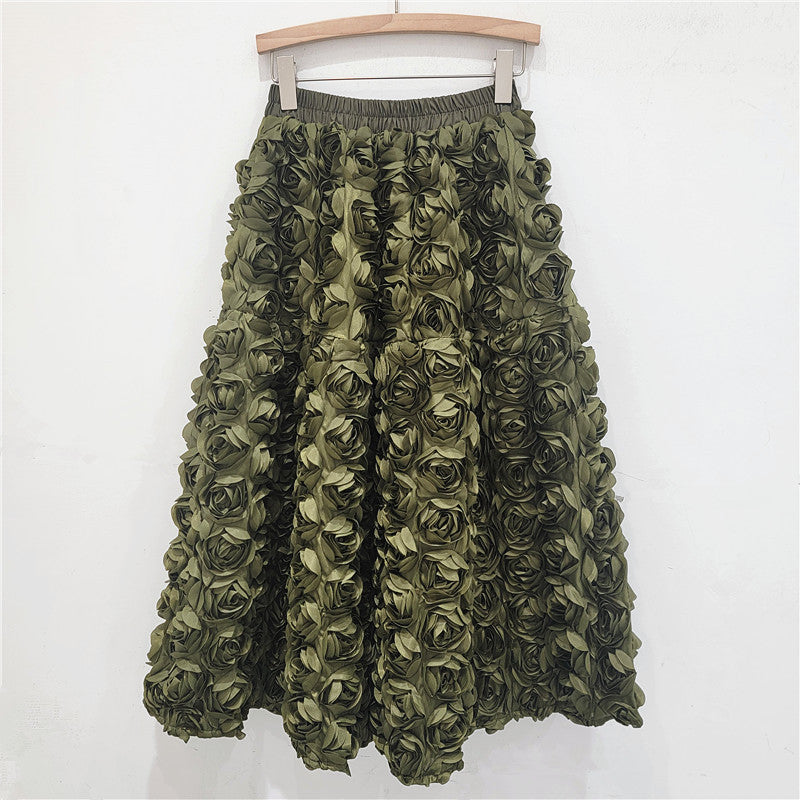 Half skirt French three-dimensional flower high waist fashion A-line half skirt long skirt