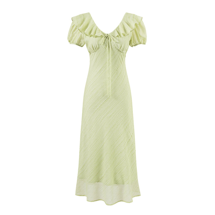 Slim Fit V-Neck Ruffle Front Tie Waist Short Sleeve Dress Long Skirt