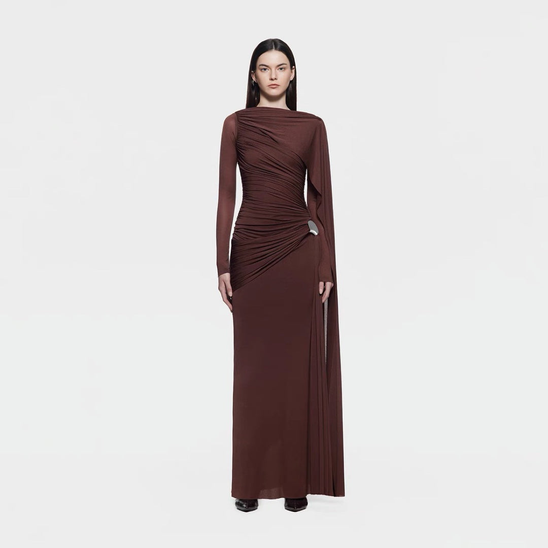 Solid color pleated asymmetrical minimalist slim fit dress