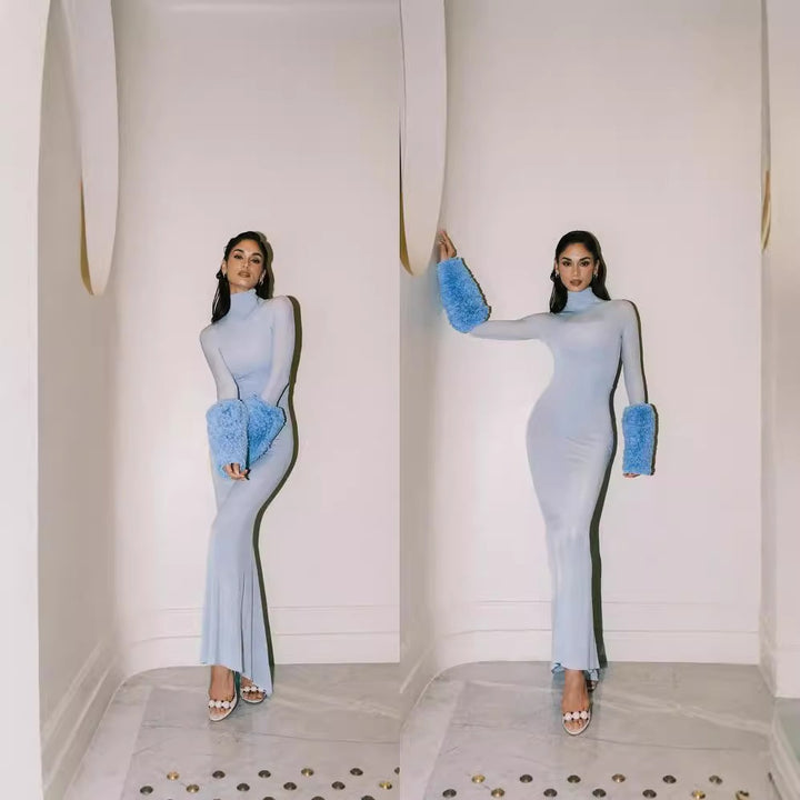 Blue high neck see through slim fit feather long sleeved dress, elegant and sexy party dress