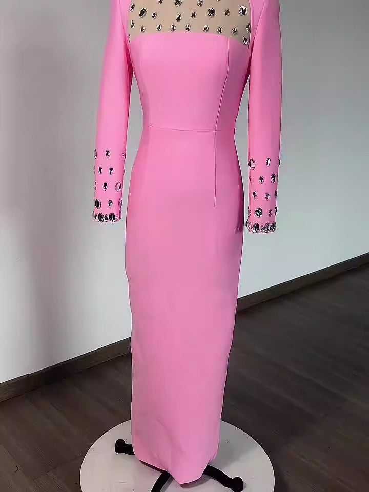 European and American autumn and winter long sleeved slit dress with mesh belt diamond round neck