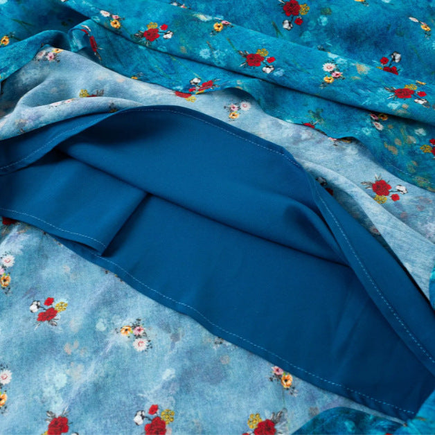 Ruffled Hem Blue Base Floral Print Waist-Cinched Dress