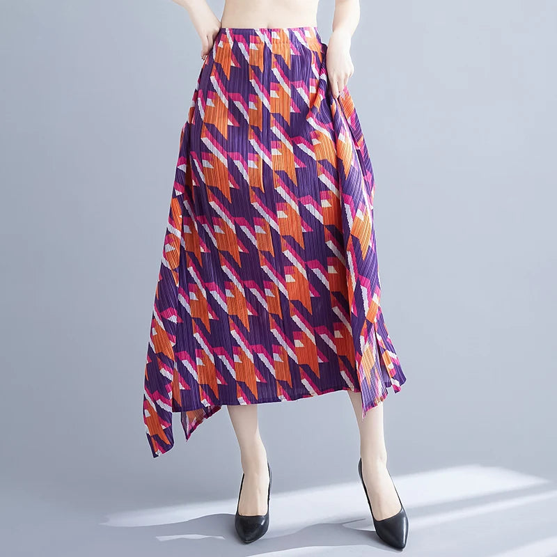 Half length skirt medium length skirt A-line skirt for women irregular pleats thousand bird pattern printed skirt