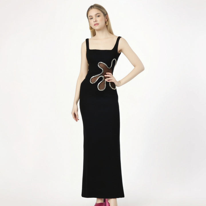 Black mesh diamond long sleeveless square neck high-end dress knitted bandage women&