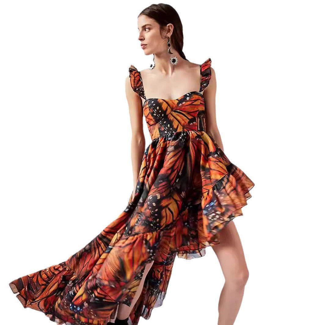 Chiffon Mid-Length Dress with Digital Butterfly PrintFashion Style Strapless, A-Line Silhouette, Casual Dress