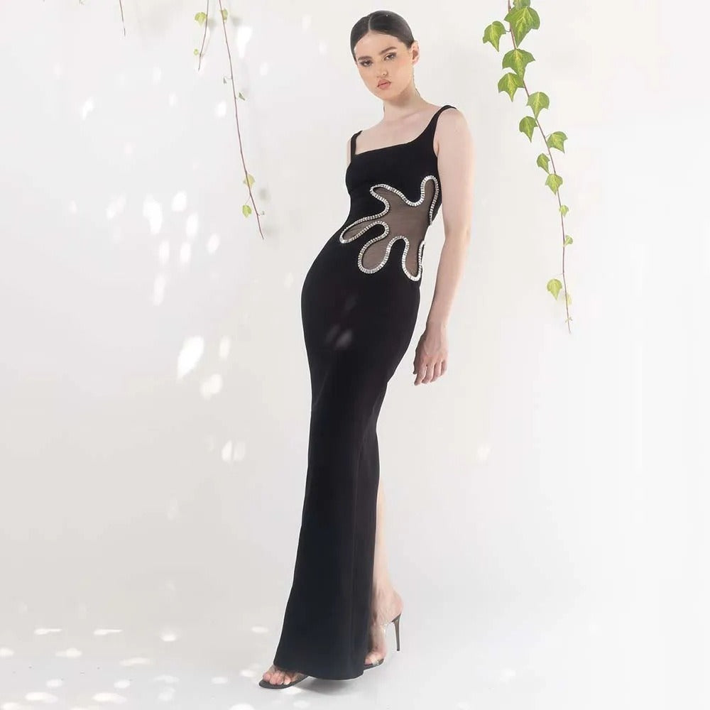 Black mesh diamond long sleeveless square neck high-end dress knitted bandage women&