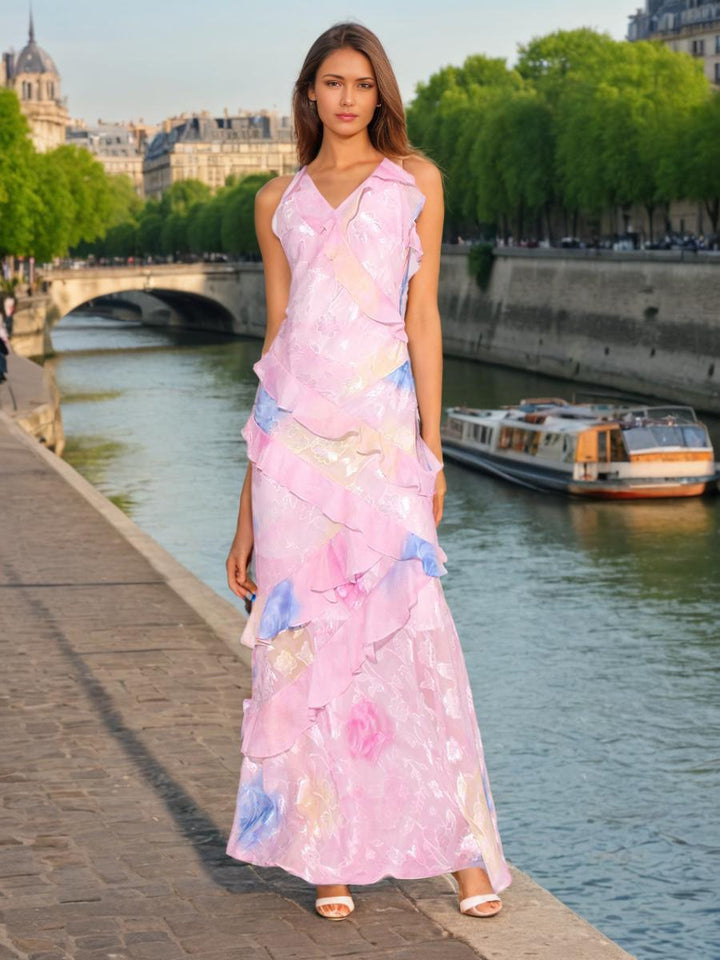 V-neck strap printed backless slim fitting ruffled edge dress for women&