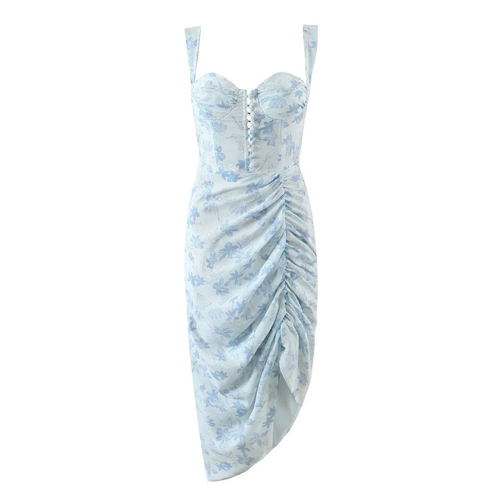 Holiday Style Suspender Dress Fashion Ins Temperament Design Print Pleated Side Slit Midi Dress Skirt