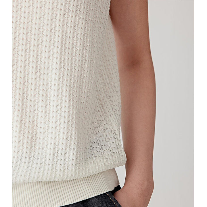 French Hollow-Out Polo Neck Knit Vest for Women, Slim Fit Sleeveless Summer Basic Top Short Upperwear