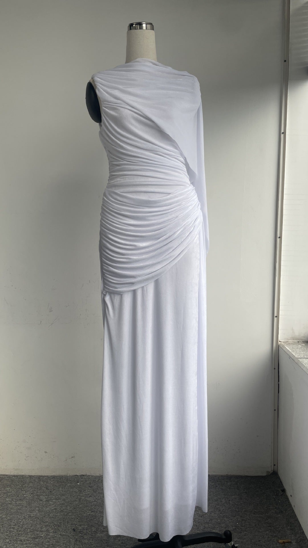 Knitted Sleeveless Pink Ribbon Pleated Floor-Length Dress with Scarf Detail