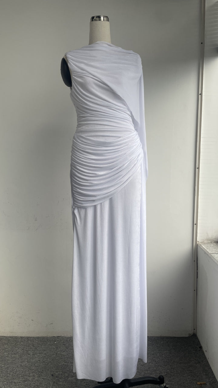 Knitted Sleeveless Pink Ribbon Pleated Floor-Length Dress with Scarf Detail