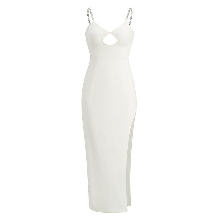 Metal Sling Mid Length Slim Fit Slim Hollow Sleeveless Solid Color Dress Women&