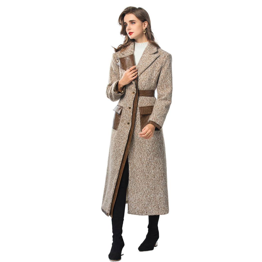 Retro lapel fur roll PU splicing single breasted long women&
