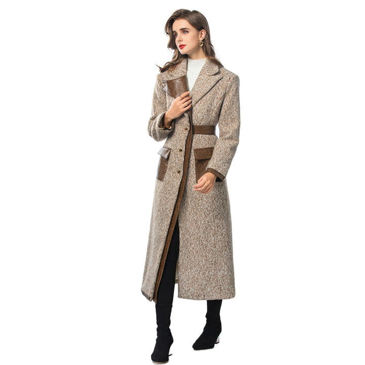 Retro lapel fur roll PU splicing single breasted long women&