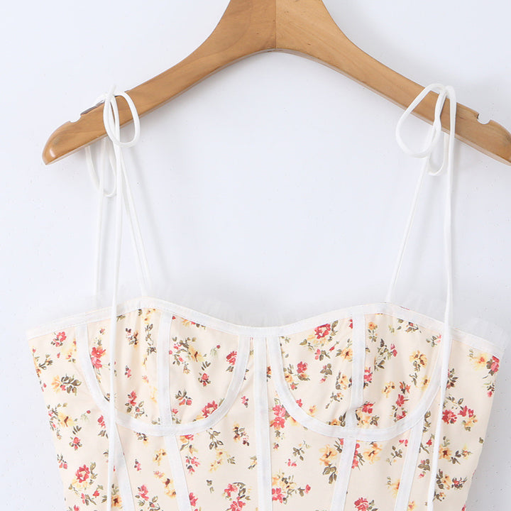Pink Floral Strap Dress for Women, Tea-Length Mini Skirt, Fitted Waist Cake Style Dress