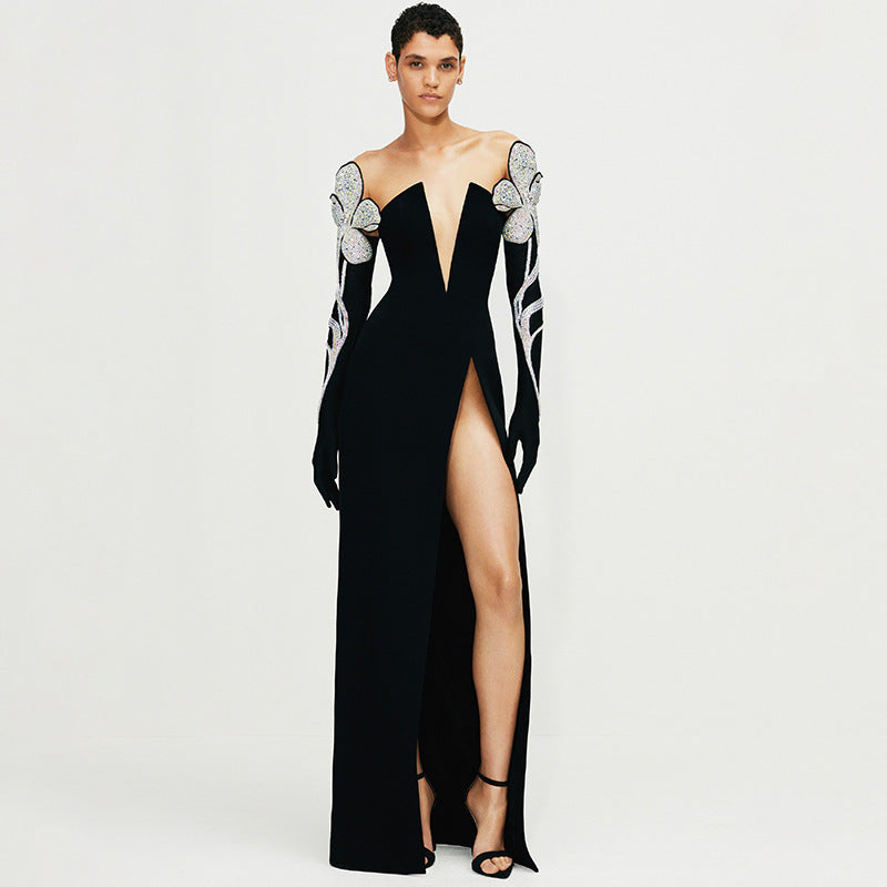 Trendy Beads Appliques Design Bandage Long Dress Women Sexy Off Shoulder Celebrity Party Club Dress