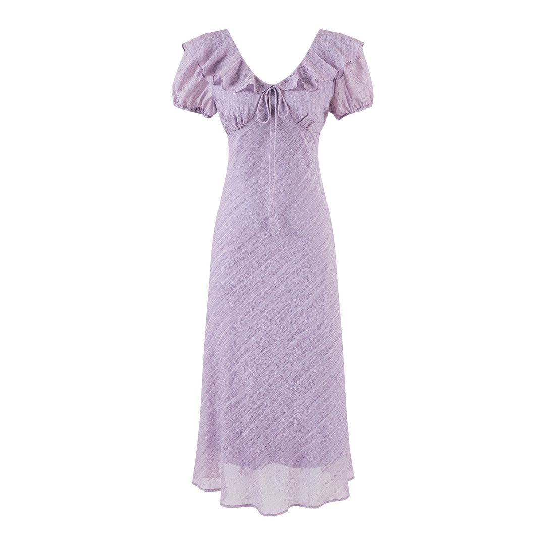 V-Neck Bubble Sleeve Purple Dress Vacation Long Dress for Women